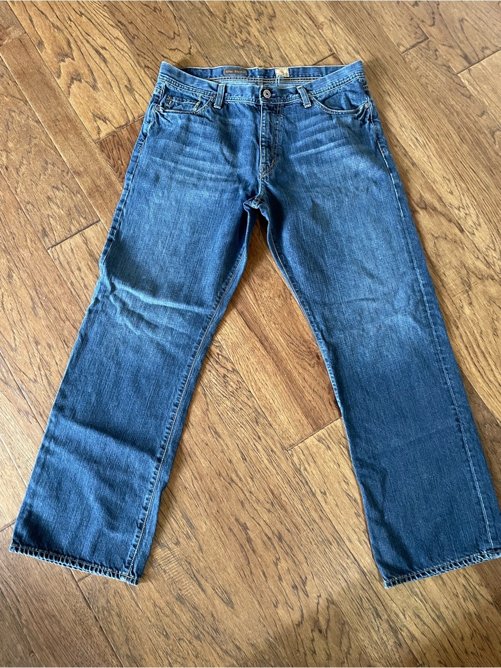 Ag Adriano Goldschmied Men’s Straight Jeans in Dark Blue with Tan Patch - Picture 4 of 4